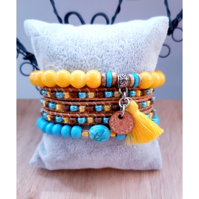 wikkelarmband in turquoise met geel en bruin wikkelarmband in turquoise met geel en bruin